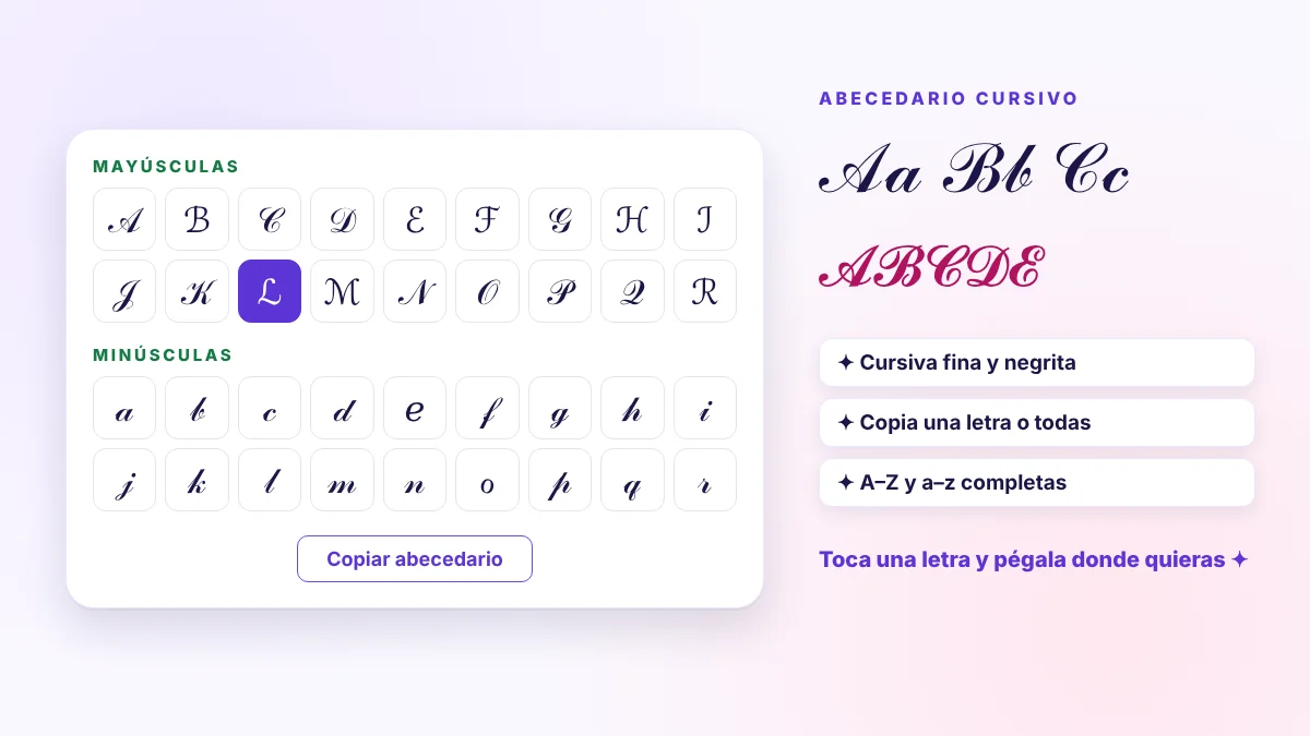 Abecedario de letras cursivas mayúsculas y minúsculas para copiar y pegar
