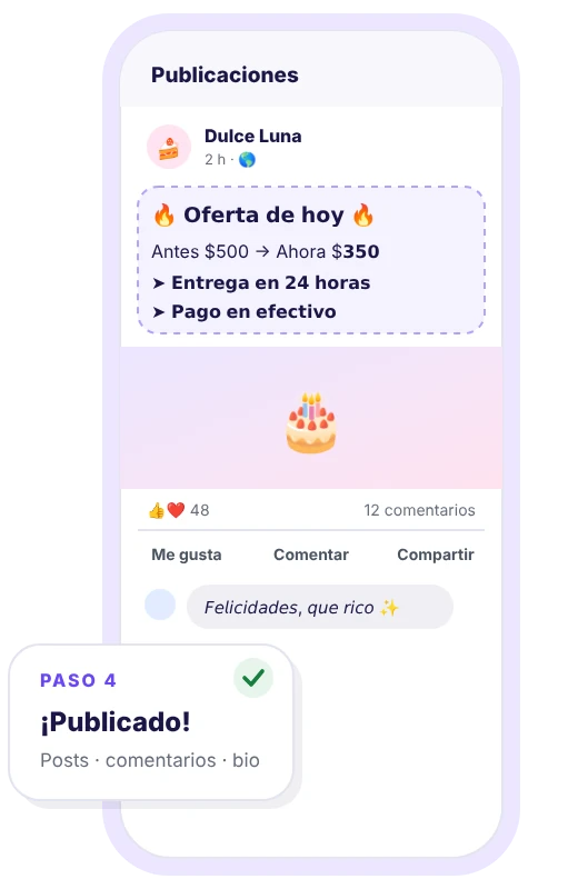 Paso 4: publicación de oferta con letras en negrita pegadas en Facebook