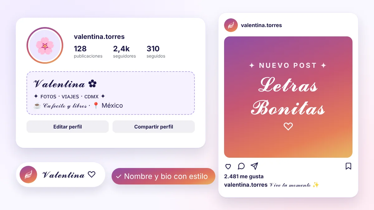 Perfil de redes sociales con letras bonitas en el nombre y la bio