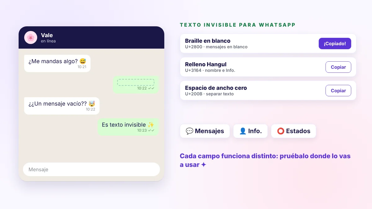 Mensaje en blanco de WhatsApp con texto invisible para copiar y pegar